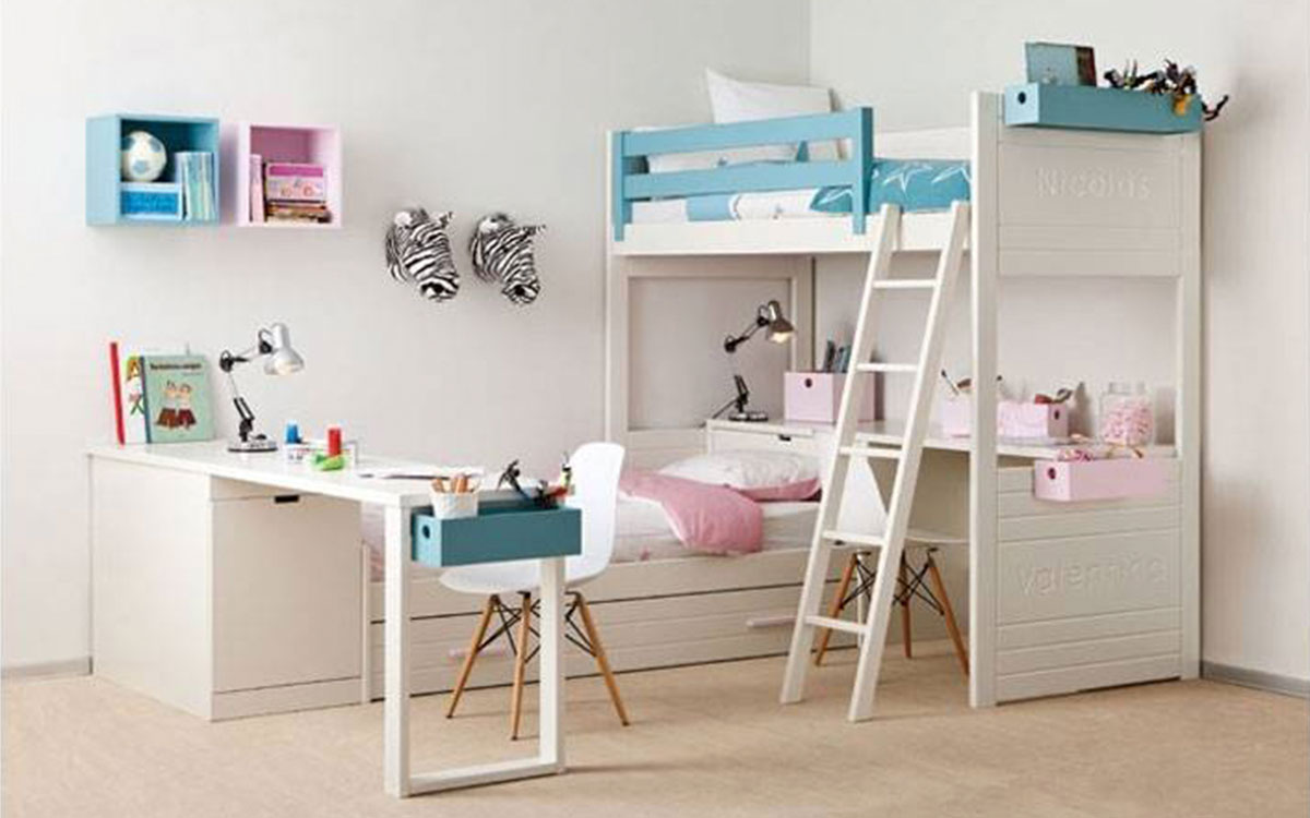 habitación infantil con litera loft, cama nido en ángulo y zonas de estudio Asoral, muebles juveniles de alta calidad y diseño versátil
