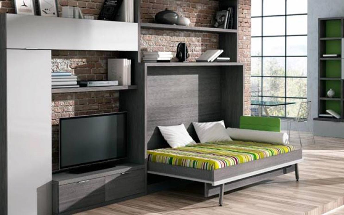 Cama abatible de matrimonio compacta y moderna.