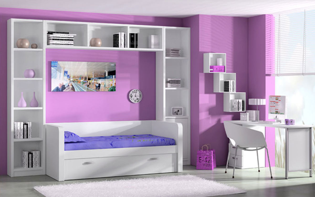 Cama elevada con cama nido extraíble y cajones inferiores en color haya y blanco para habitación juvenil