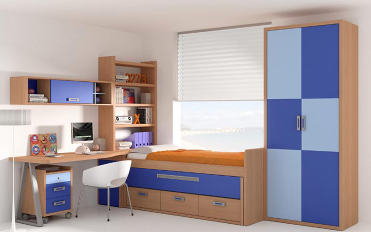 Dormitorio juvenil con cama nido elevada, somier extraíble y cajones inferiores, escritorio alargado con librería y módulo de almacenamiento, acabado en chapa sintética