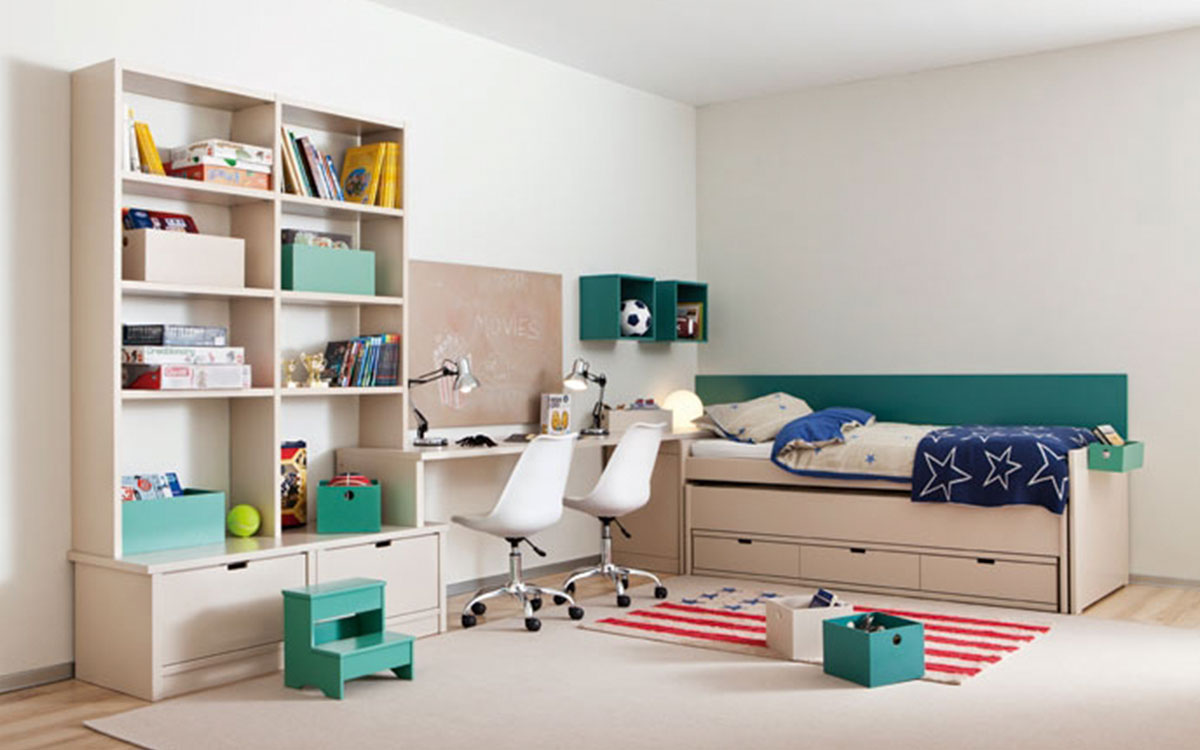 dormitorio juvenil compartido con cama nido y almacenamiento en madera de haya