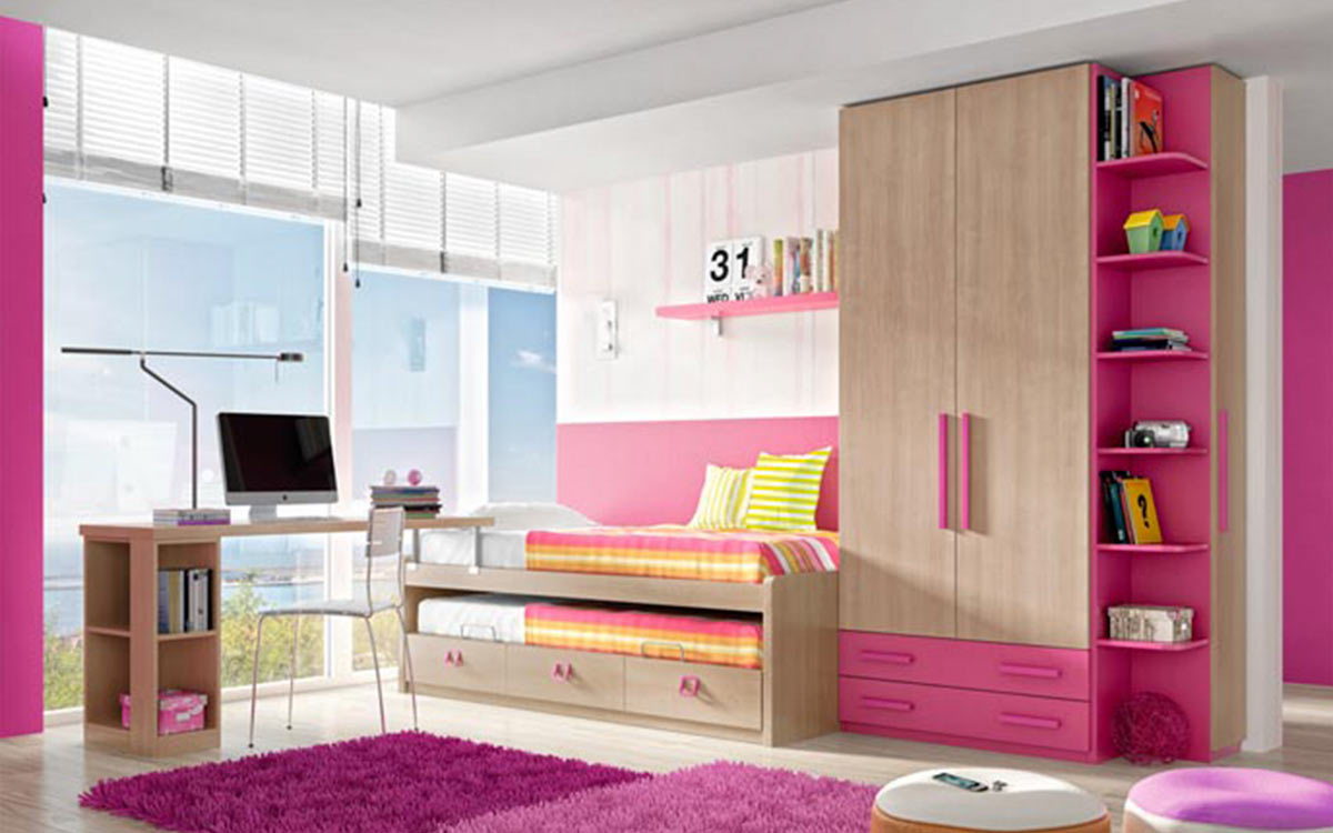 Habitación infantil o juvenil en ángulo en haya y fucsia con cama nido, somier inferior, armario y escritorio en L, acabado en chapa sintética resistente y fácil de limpiar