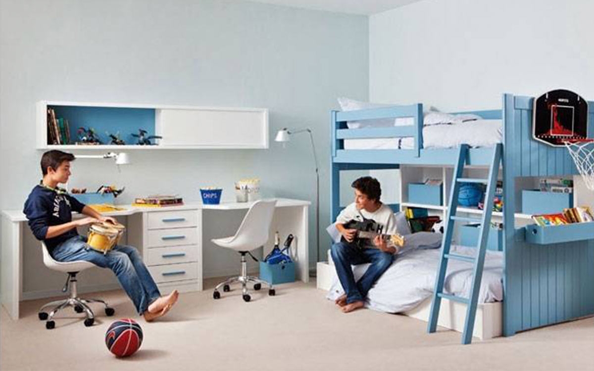 litera loft con cama baja y librería integrada, muebles juveniles Asoral en madera maciza