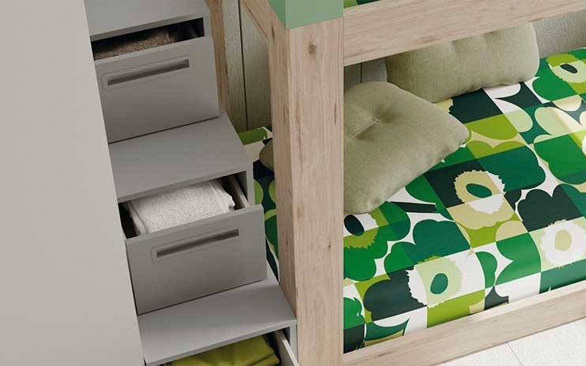Litera infantil nórdica con cama superior e inferior, escalera con cajones y colores personalizables