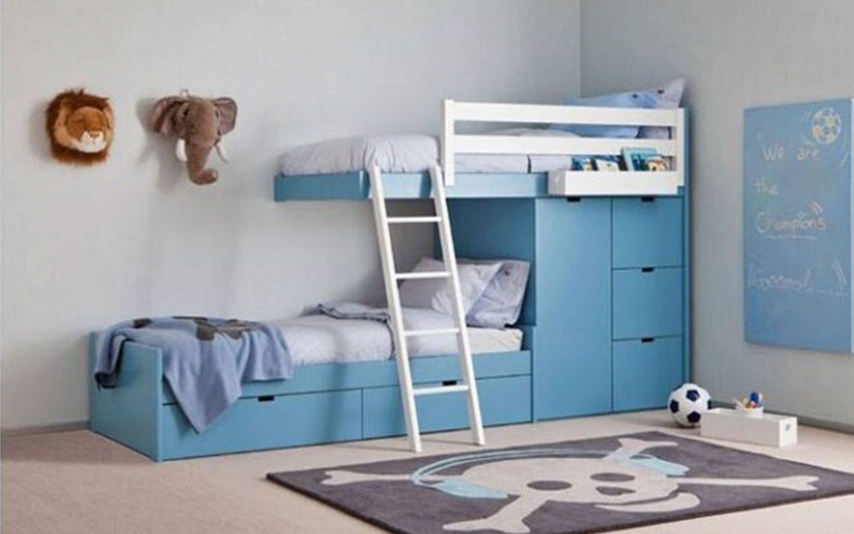 litera tren con cama nido y almacenamiento en madera de haya