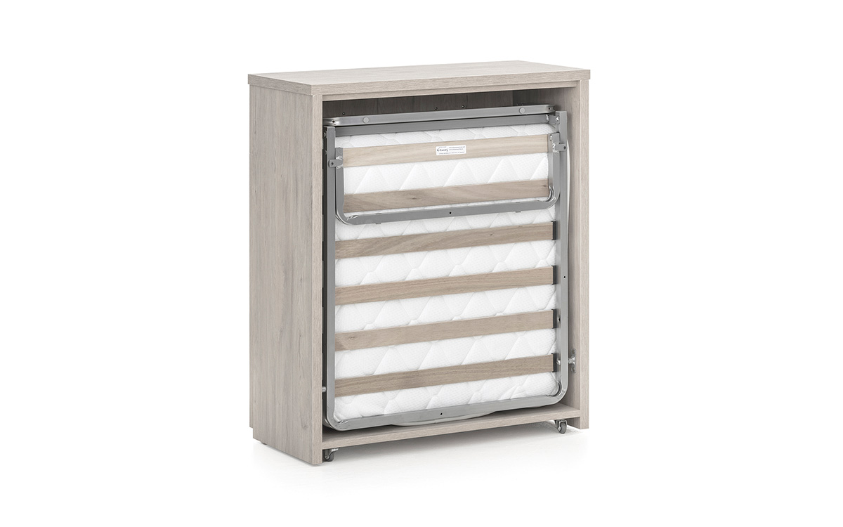 Mueble cama plegable con ruedas y diseño compacto tipo cómoda.