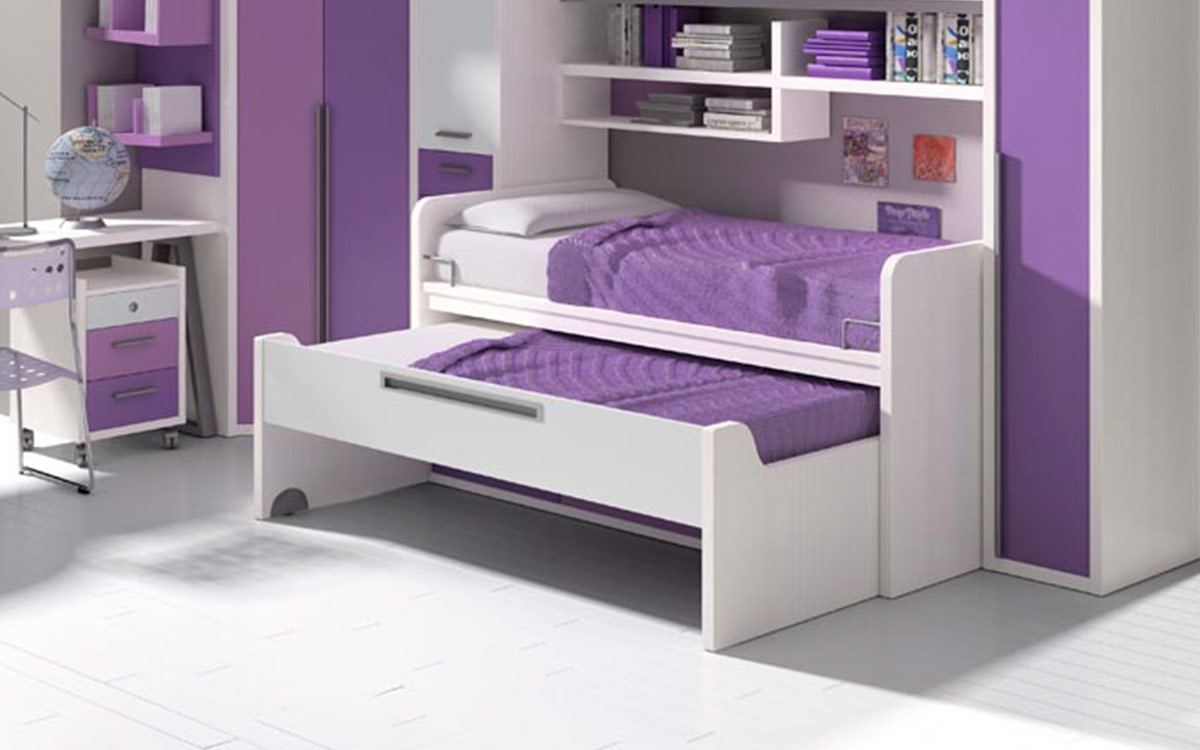 Pieza de pared con cama nido, somier extraíble, cajones y armarios, ideal para habitaciones infantiles alargadas, acabado resistente y fácil de limpiar