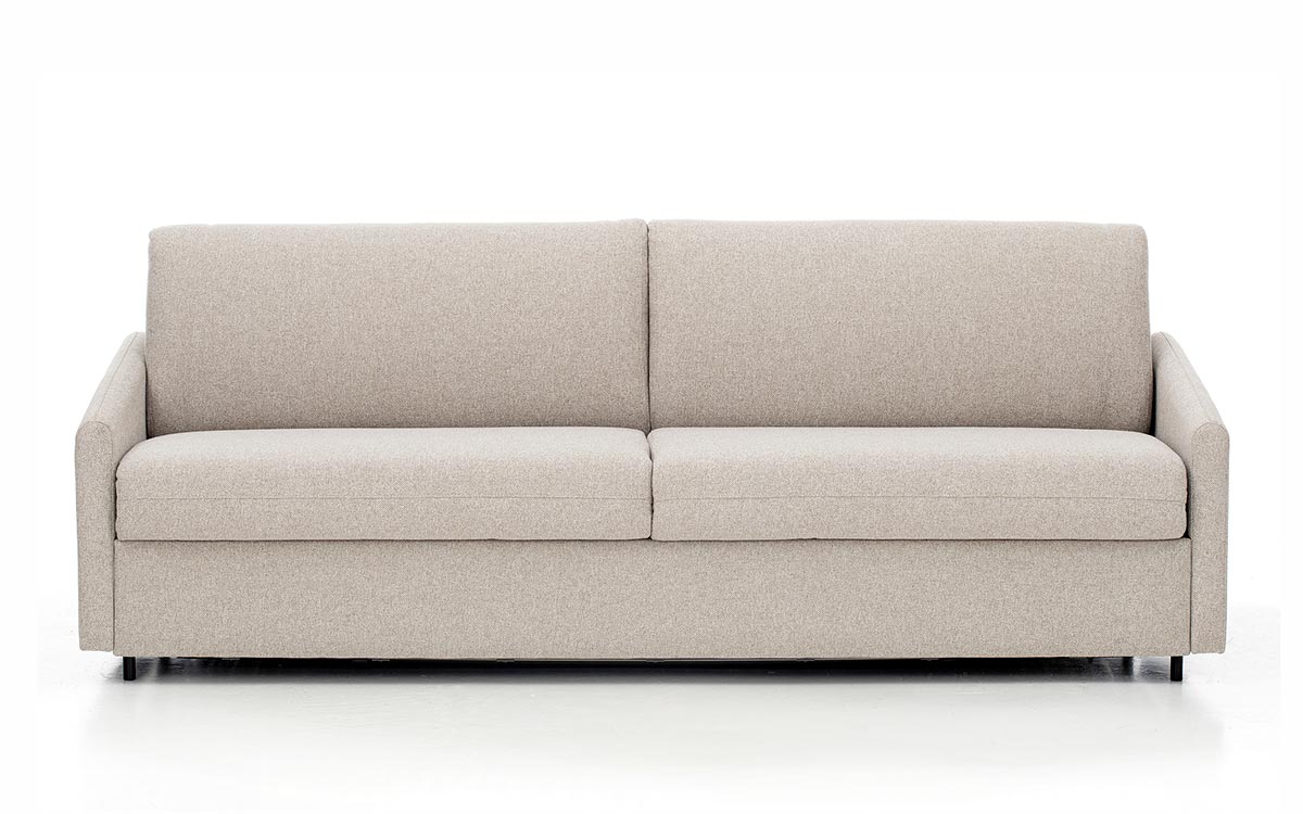 Sofá cama horizontal de matrimonio, apertura paralela, colchón HR, ideal para habitaciones pequeñas y uso diario. Diseño frontal.