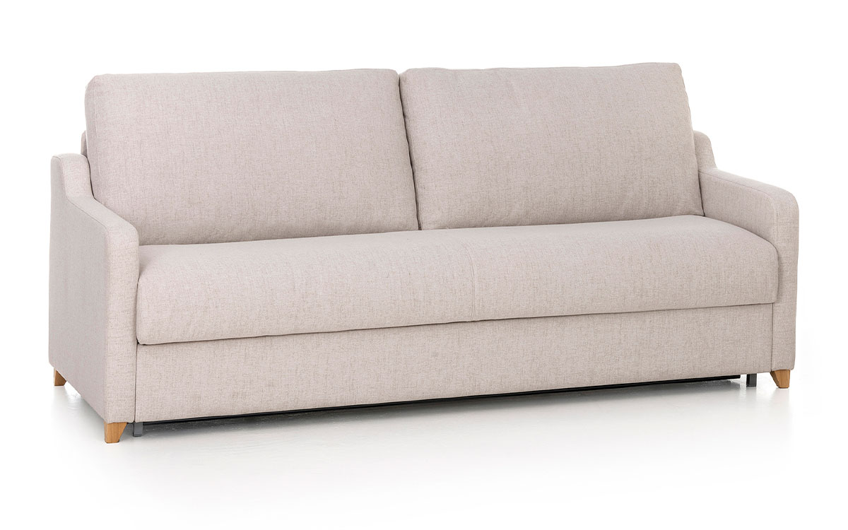 Sofá cama horizontal de 140x190 cm, apertura paralela a la pared, colchón HR de alta densidad, ideal para habitaciones estrechas, fácil apertura sin quitar almohadones, diseño compacto y resistente. Diseño con perspectiva.
