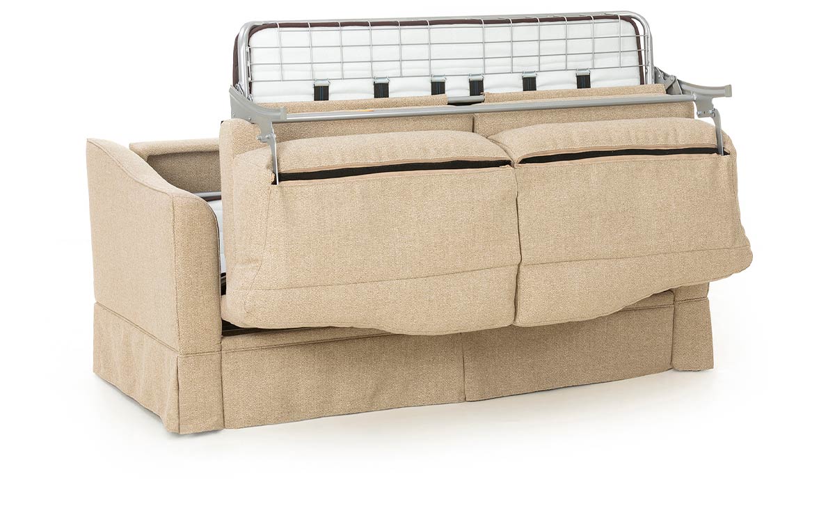 Sofá cama de matrimonio Art Decó, diseño equilibrado con colchón HR de alta densidad, 140x190 cm, cómodo y funcional para un descanso perfecto. Diseño medio abierto.