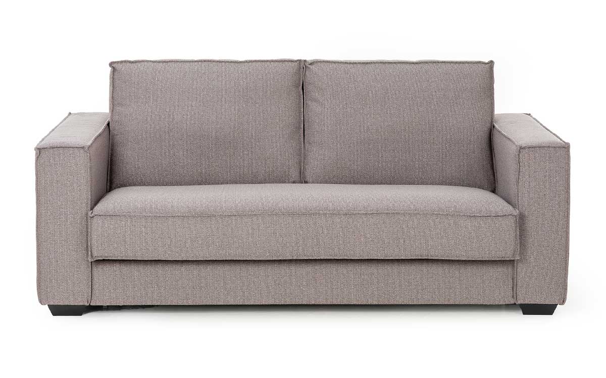 Sofá cama moderno con pestañas, somier plano de 140x200 cm, colchón viscoelástico de alta calidad, fácil apertura italiana, diseño minimalista y perfecto para uso diario en espacios modernos. Diseño frontal.