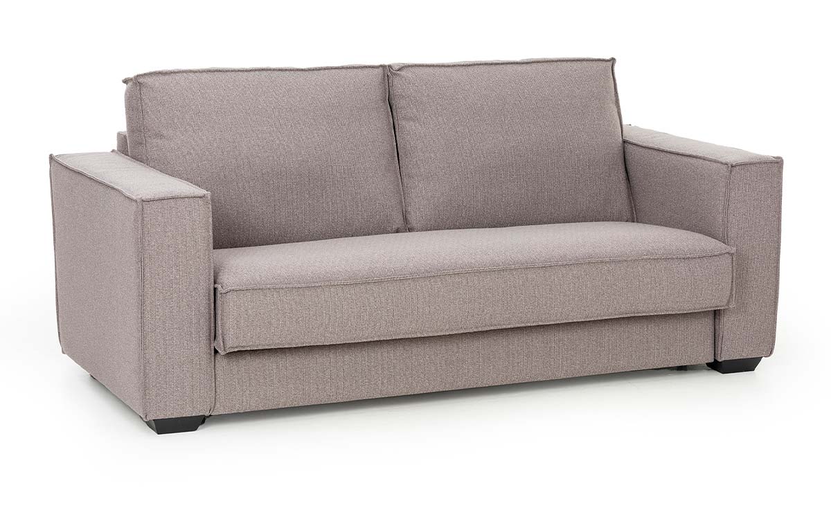 Sofá cama moderno con pestañas, somier plano de 140x200 cm, colchón viscoelástico de alta calidad, fácil apertura italiana, diseño minimalista y perfecto para uso diario en espacios modernos. Diseño con perspectiva.