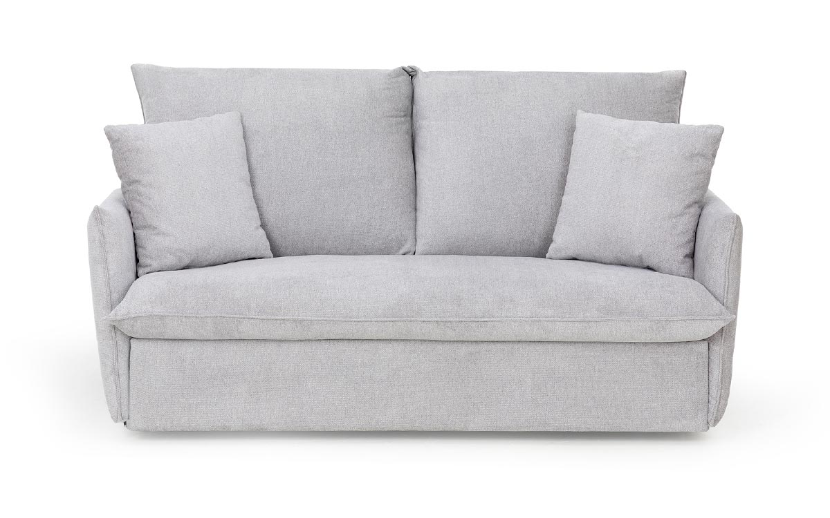 Sofá cama moderno y acogedor con fácil apertura, somier italiano y colchón HR, ideal para uso diario y espacios reducidos. Personalizable en tapicería. Diseño frontal.