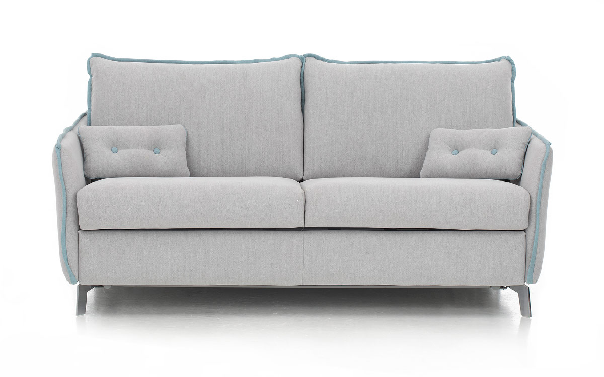 Sofá cama moderno con patas metálicas, colchón HR de 140x200 cm, fácil apertura y opción de colchón viscoelástico, diseño personalizable con tapicerías a elección. Diseño frontal.