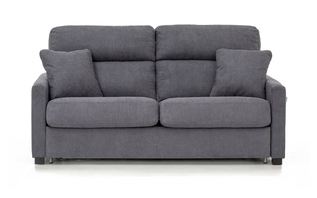 Sofá cama con respaldo alto y brazo estrecho, colchón HR de 140x190 cm, fácil de abrir sin quitar almohadones, ideal para habitaciones pequeñas y espacios reducidos. Diseño frontal.