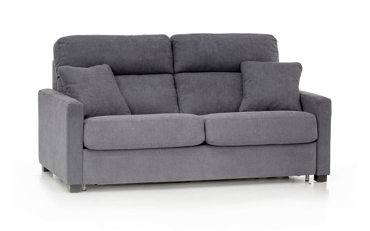 Sofá cama con respaldo alto y brazo estrecho, colchón HR de 140x190 cm, fácil de abrir sin quitar almohadones, ideal para habitaciones pequeñas y espacios reducidos. Diseño con perspectiva.