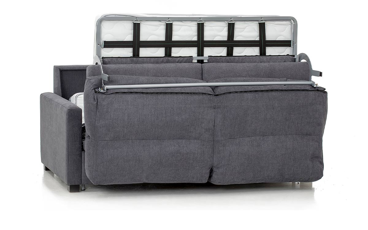 Sofá cama con respaldo alto y brazo estrecho, colchón HR de 140x190 cm, fácil de abrir sin quitar almohadones, ideal para habitaciones pequeñas y espacios reducidos. Diseño medio abierto.