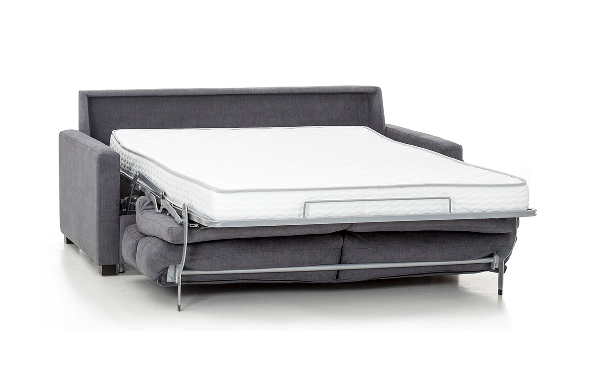 Sofá cama con respaldo alto y brazo estrecho, colchón HR de 140x190 cm, fácil de abrir sin quitar almohadones, ideal para habitaciones pequeñas y espacios reducidos. Diseño abierto.