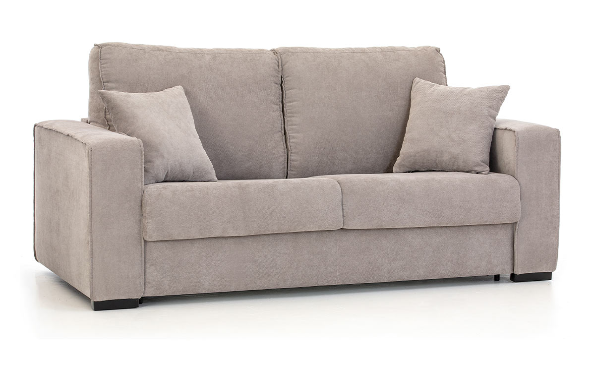 Sofá cama sencillo y estiloso de 140x190 con colchón HR de alta densidad, apertura fácil sin mover cojines, opción de colchón viscoelástico y gran confort para un descanso óptimo. Diseño perspectiva.