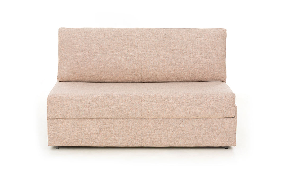 Sofá cama pequeño sin brazos, compacto de 140x190 cm, con colchón HR, ideal para hogar y hoteles, fácil de abrir y almacenar. Diseño frontal.