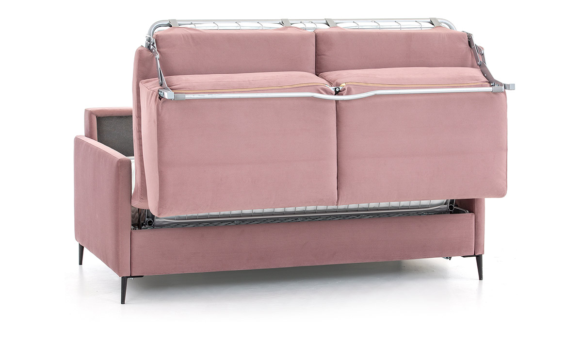 Sofá cama económico de 140x190 cm, colchón HR o viscoelástico, diseño compacto y elegante, fácil de abrir sin quitar almohadones, perfecto para habitaciones pequeñas y uso diario. Diseño medio abierto.