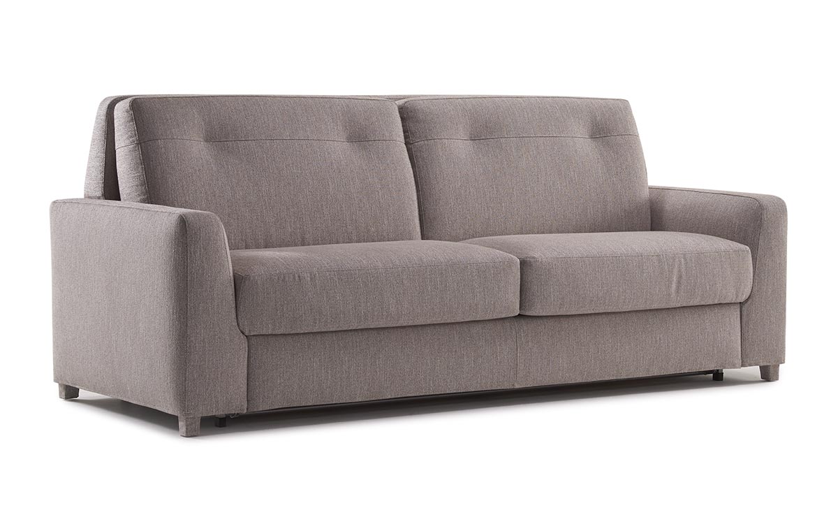 Sofá cama 180x200, colchón HR de alta densidad y látex, diseño italiano elegante, cómodo para uso diario, desenfundable, desmontable y fácil de abrir sin quitar almohadones. Diseño con perspectiva.