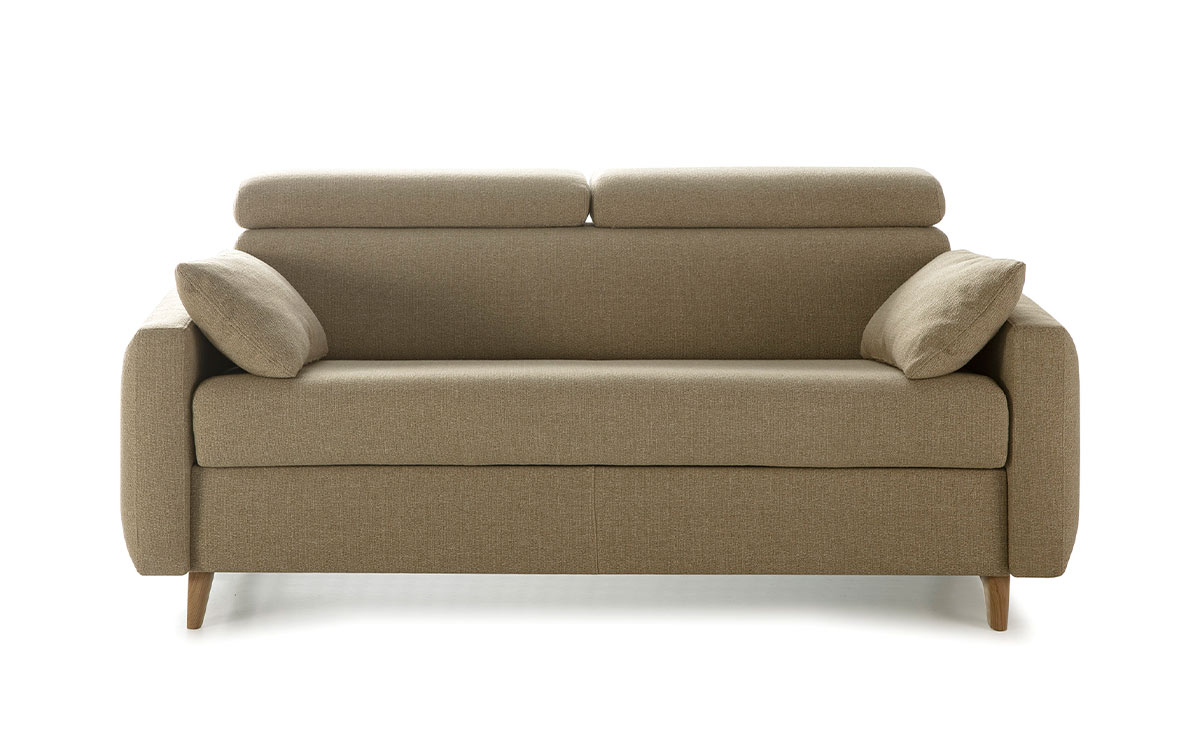Sofá cama 140x190, colchón HR alta densidad, látex o viscoelástico, sistema de descanso con respaldo elevable, diseño vanguardista y apertura italiana. Diseño frontal