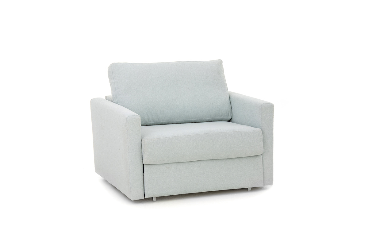 Sillón cama F5 de 80x190 con apertura italiana, brazo recto y hueco para almohadas. Compacto y elegante. Diseño con perspectiva.