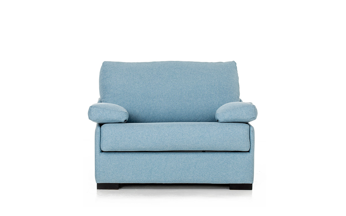 Sillón cama de 90x190 con somier metálico y colchón HR, muy cómodo y compacto para uso diario. Diseño frontal.