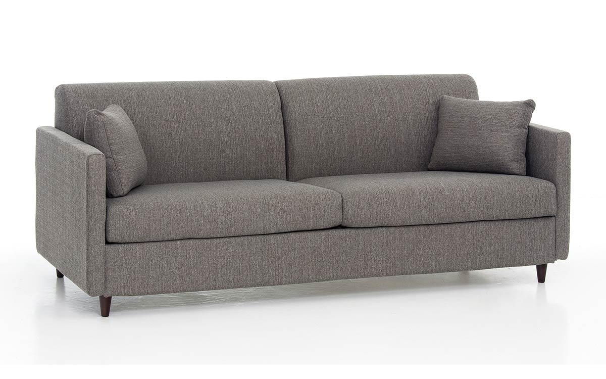 Sofá cama horizontal para hospitales con cama elevada, apertura sin esfuerzo y sin retirar almohadones, ideal para acompañantes en espacios reducidos. Diseño con perspectiva.