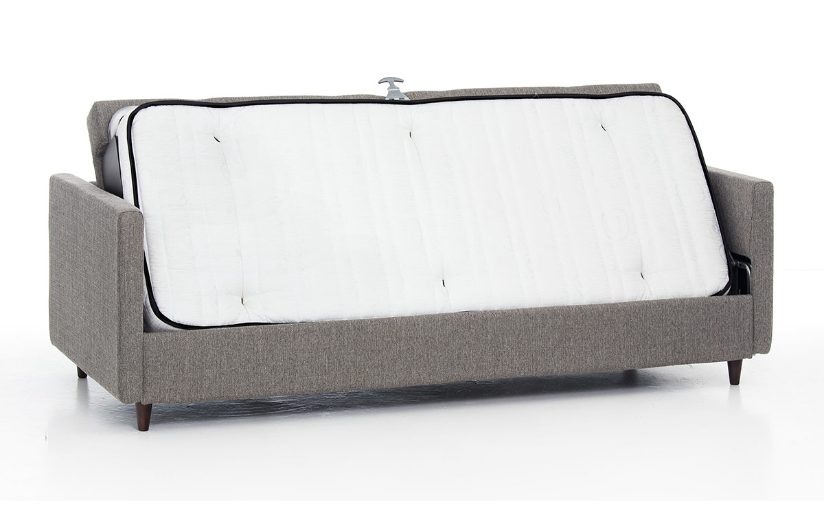 Sofá cama horizontal para hospitales con cama elevada, apertura sin esfuerzo y sin retirar almohadones, ideal para acompañantes en espacios reducidos. Diseño medio abierto.