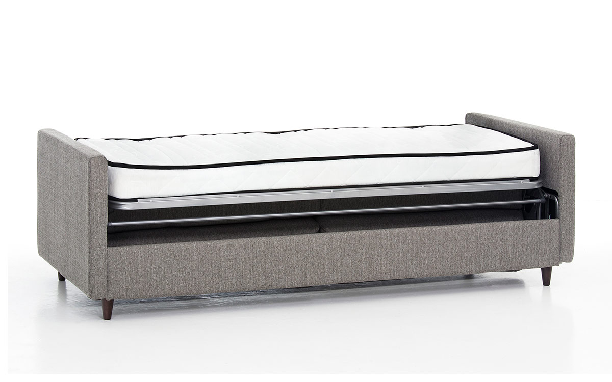 Sofá cama horizontal para hospitales con cama elevada, apertura sin esfuerzo y sin retirar almohadones, ideal para acompañantes en espacios reducidos. Diseño abierto.