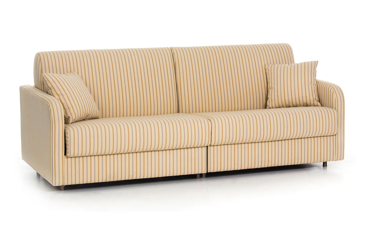 Sofá cama con dos camas de 90x200 cm, desenfundable, diseño juvenil y práctico, ideal para uso diario en espacios medianos. Diseño con perspectiva.