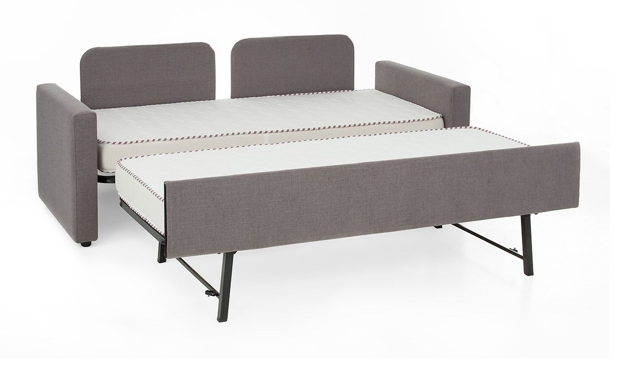 Sofá cama nido versátil con dos camas, diseño personalizable y apertura sencilla, ideal para diferentes tamaños de habitación. Diseño abierto.