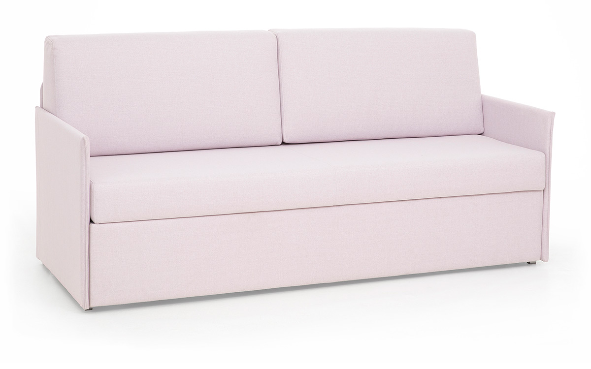Sofá cama nido con dos camas de 80x190 cm, compacto y elegante, fácil de abrir, ideal para habitaciones pequeñas. Diseño con perspectiva.