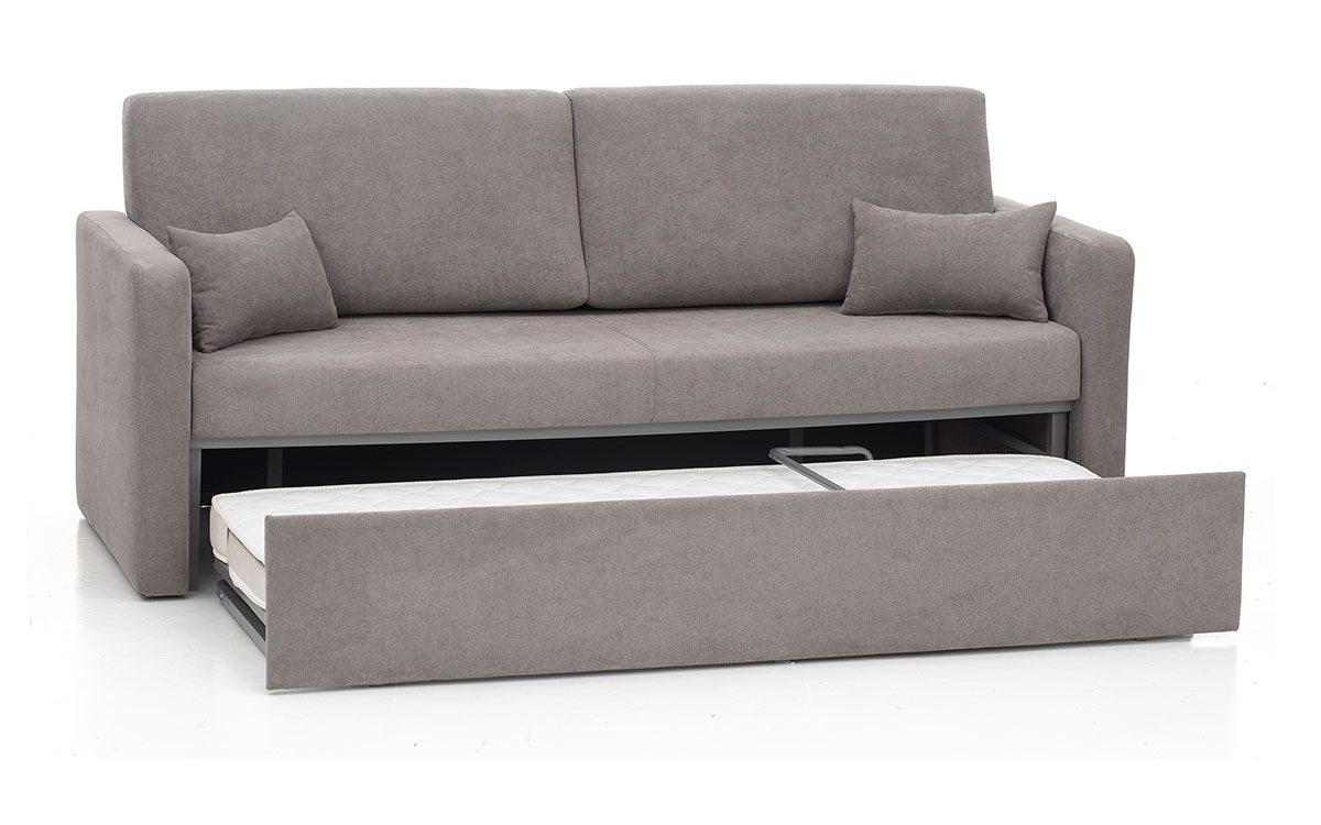 Sofá cama nido económico con dos camas, apertura sencilla y colchones cómodos, ideal para presupuestos ajustados. Diseño medio abierto.
