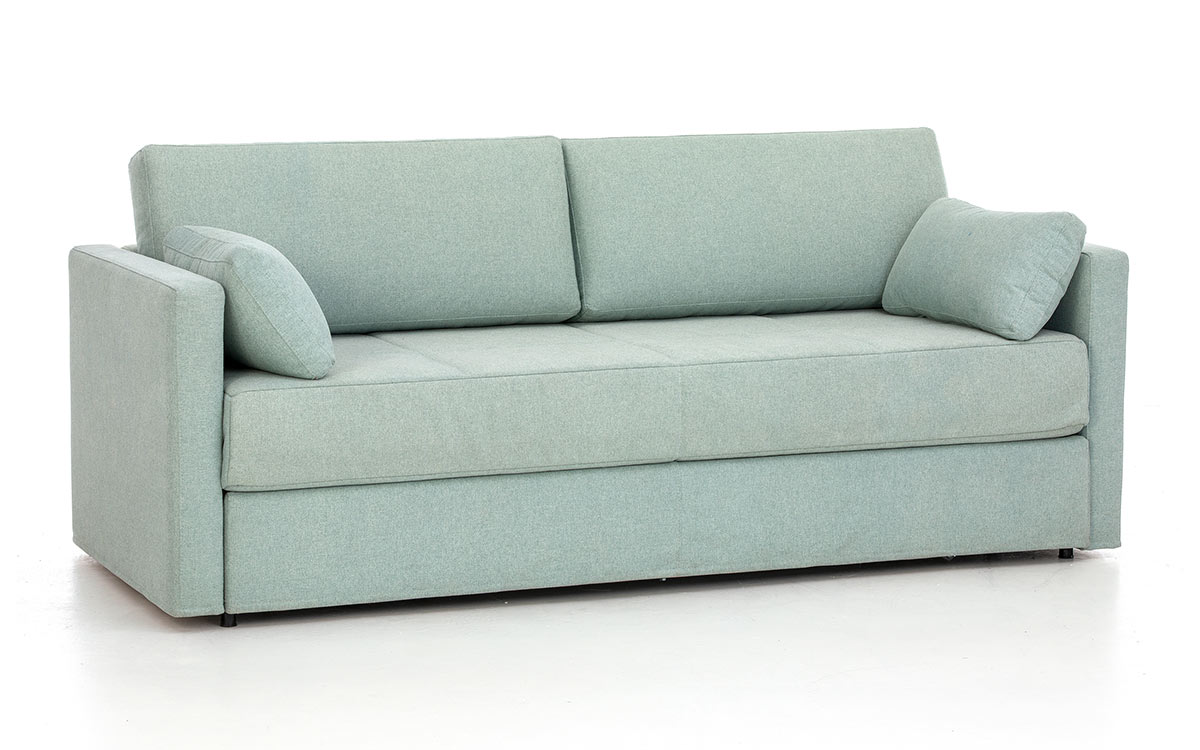 Sofá cama nido con dos camas de 80x190 cm, diseño elegante, apertura fácil y opción de cajón, ideal para espacios reducidos. Diseño con perspectiva.
