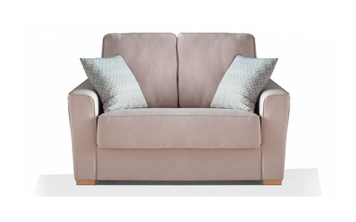 Sofá cama compacto con colchón viscoelástico o de muelles, diseño actual y respaldo confortable. Diseño frontal.