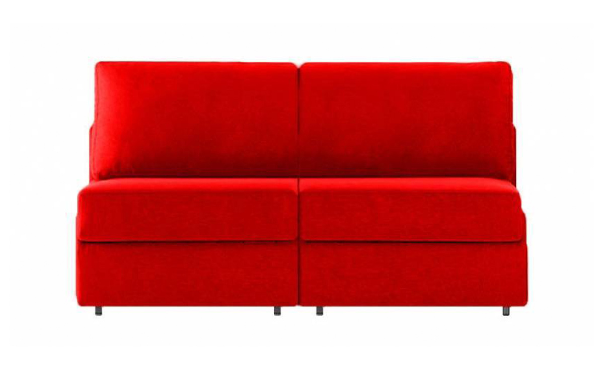 Sofá cama de dos camas gemelas, sin brazos, fácil de abrir, diseño compacto y práctico para espacios pequeños. Diseño frontal.