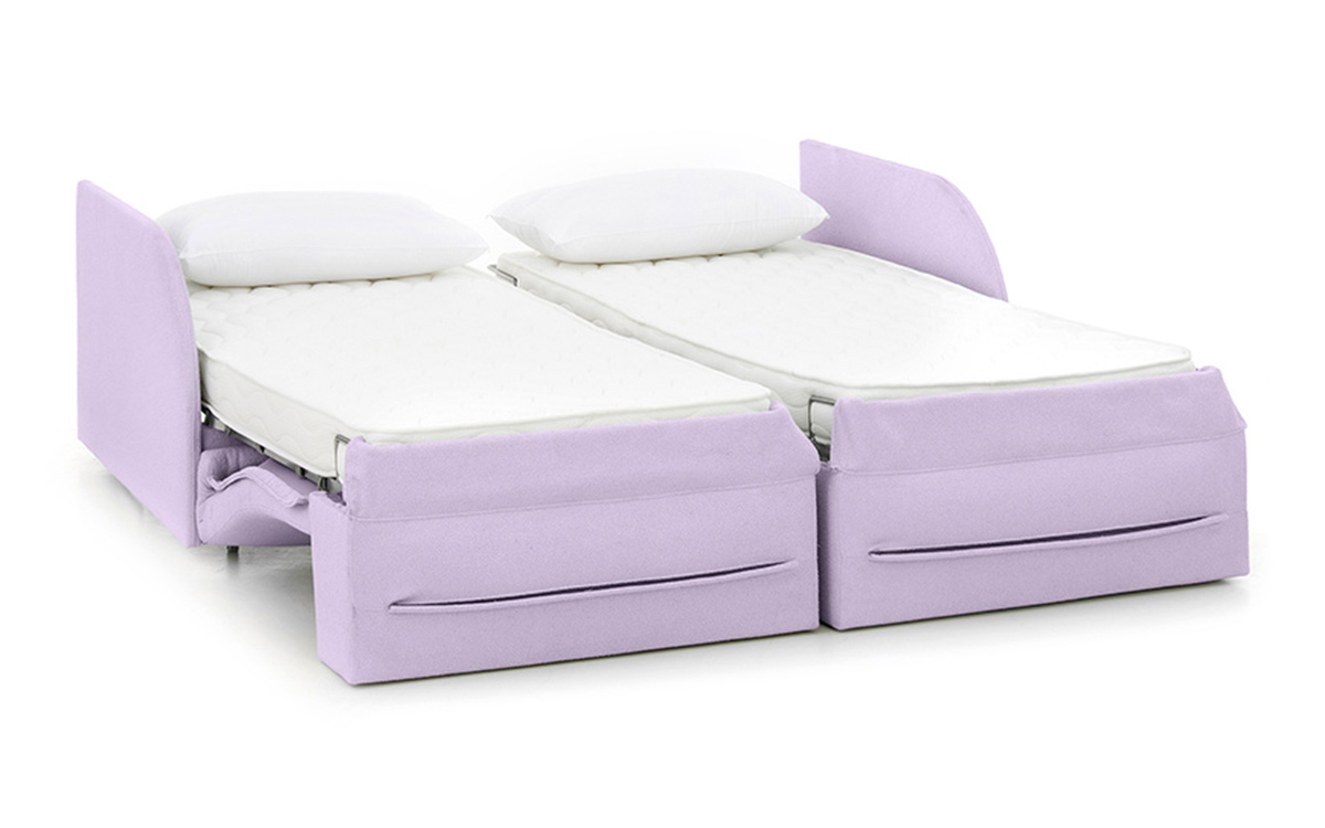 Sofá cama gemelas con apertura independiente, diseño compacto y estructura reforzada, ideal para espacios pequeños. Diseño completamente abierto.