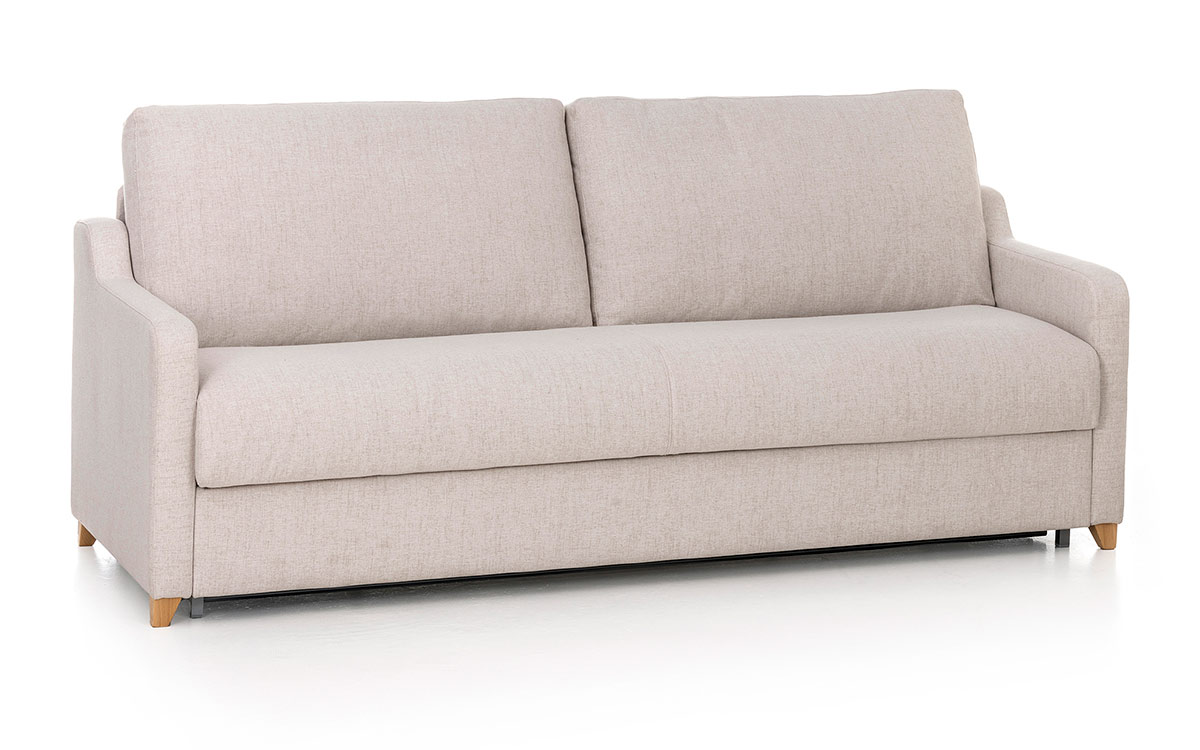 Sofá cama horizontal compacto y resistente con apertura italiana, colchón HR de alta densidad y diseño ideal para espacios pequeños. Diseño con perspectiva.