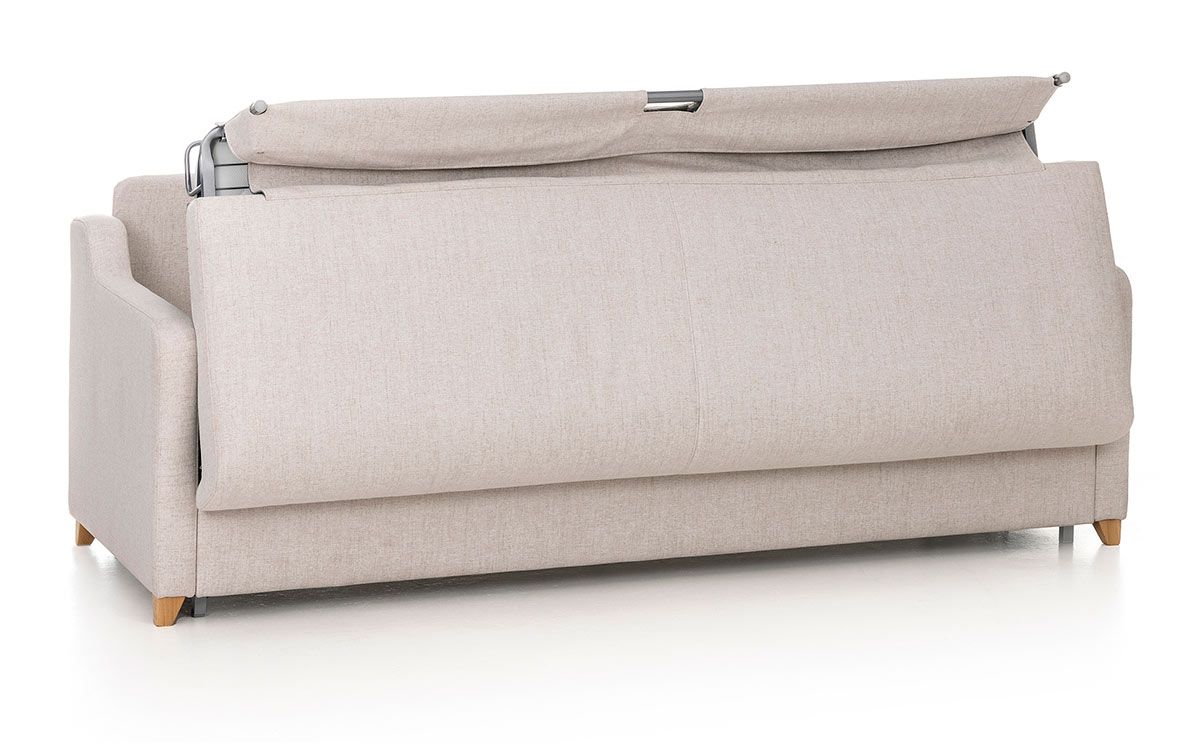 Sofá cama horizontal compacto y resistente con apertura italiana, colchón HR de alta densidad y diseño ideal para espacios pequeños. Diseño medio abierto.
