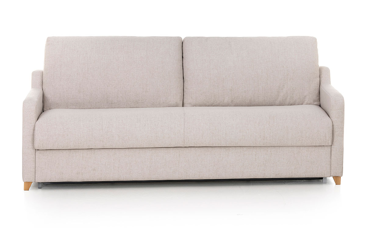 Sofá cama horizontal compacto y resistente con apertura italiana, colchón HR de alta densidad y diseño ideal para espacios pequeños. Diseño frontal.