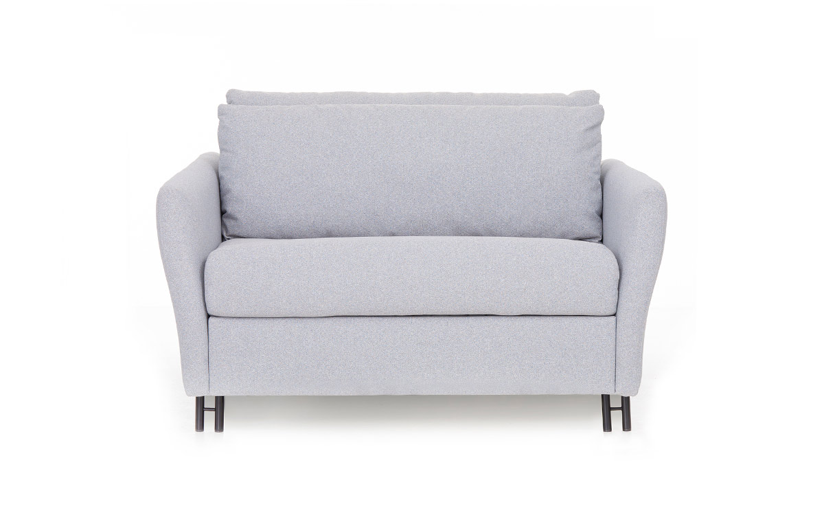 Sofá cama pequeño 90x190 con brazo estrecho, apertura italiana sin quitar cojines y opción de colchón prémium. Diseño frontal.