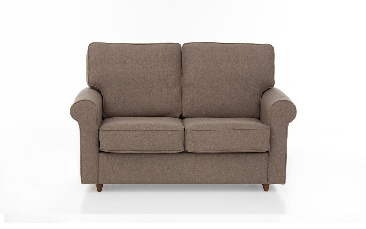 Sofá cama individual 90x190 con somier de hierro, apertura fácil y diseño clásico tapizado con vivos. Diseño frontal.