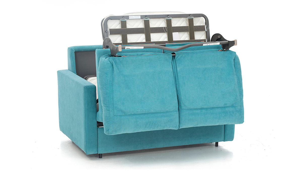 Sofá cama pequeño 90x190 moderno y cómodo, ideal para habitaciones infantiles o espacios reducidos. Diseño medio abierto.