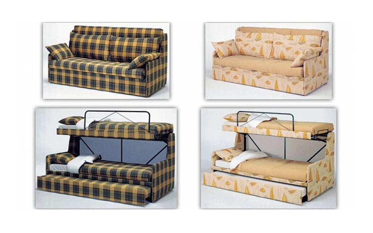 Sofá cama triple con 3 camas independientes, ideal para maximizar el espacio en habitaciones pequeñas, somieres de lamas y colchones de muelles. Diseño sofas perspectiva.