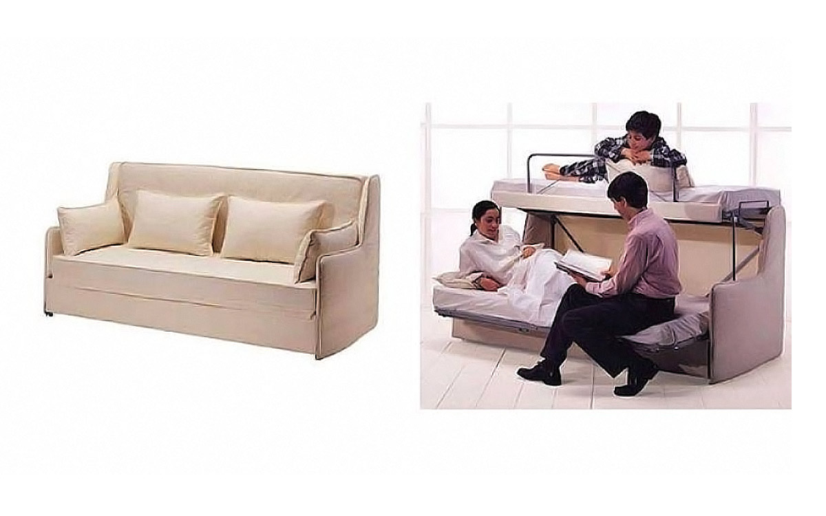 Sofá cama triple con 3 camas independientes, ideal para maximizar el espacio en habitaciones pequeñas, somieres de lamas y colchones de muelles. Diseño perspectiva y ejemplo real.
