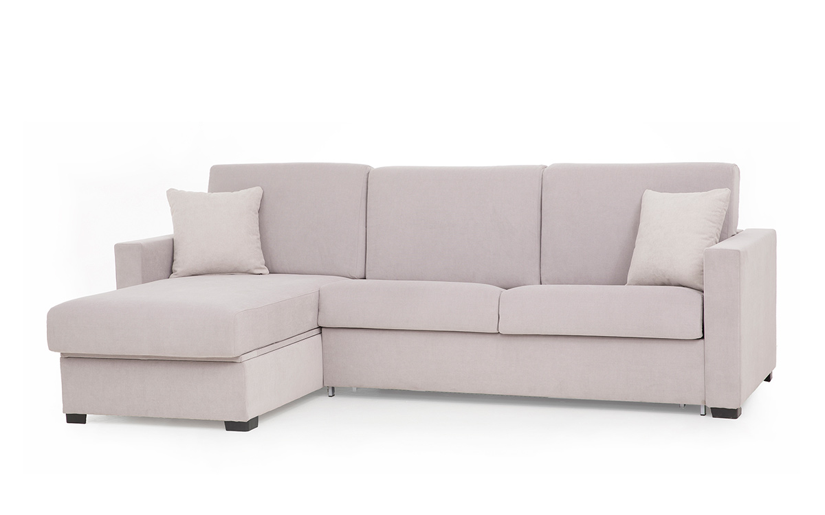 Sofá cama con chaise longue moderno y personalizable, fácil de abrir, compacto y con almacenaje abatible. Diseño con perspectiva.
