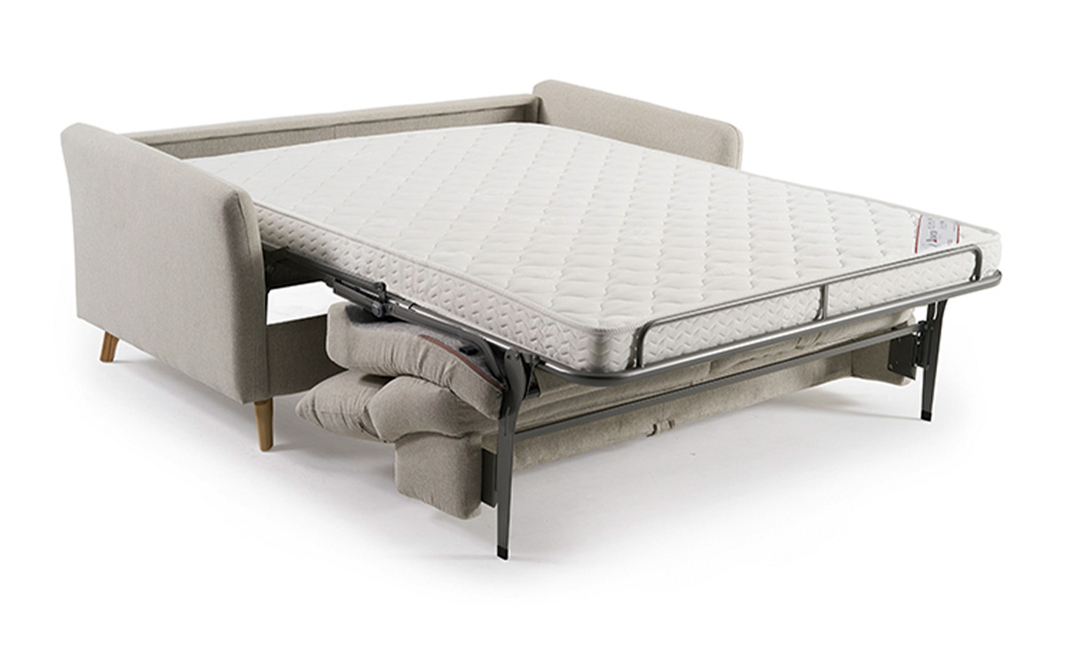 Sofá cama con chaise longue de diseño nórdico, cabeceros abatibles, colchón cómodo y apertura italiana, ideal para uso diario. Diseño abierto.